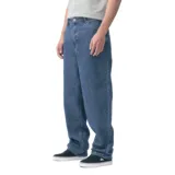 Jeans holgados Quiksilver para hombre, de color azul medio con lavado clásico, tiro medio y diseño de pernera ancha.
