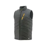 Chaleco acolchado gris oscuro con cierre frontal y bolsillos laterales. Cuenta con cierre amarillo en el pecho y logo de la marca en la parte inferior.