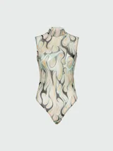 Body de tul con cuello alto y estampado abstracto en tonos beige, gris y verde.