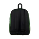 Mochila Jansport Superbreak color verde, con compartimento principal amplio, bolsillo frontal con cierre y parche con el logo de la marca.