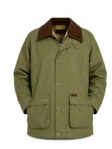 Campera tipo encerada de color verde militar, con cuello de corduroy marrón, bolsillos frontales con solapa, cierre y botones a presión.