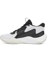 Championes Under Armour UA Jet 23, diseñados para básquetbol, en combinación de color blanco, gris y negro. Presentan parte superior de materiales mixtos con paneles texturizados, amortiguación Micro G® en la entresuela y suela de goma con tracción anatómica.
