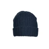 Gorro de lana azul marino con diseño acanalado y logo de la marca Reef bordado en el frente.