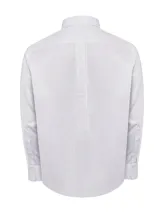 Camisa de manga larga RKF con estampado de cuadros finos en tono azul sobre fondo blanco. Presenta cuello americano con botones, cierre frontal abotonado y bolsillo en el pecho con el logo de la marca bordado.