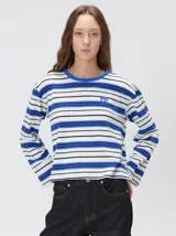 Remera de manga larga con diseño a rayas horizontales en tonos azul, blanco y negro. Presenta un cuello redondo al tono y un logo bordado en el pecho. El diseño destaca por tener un patrón de rayas diferente en las mangas y un calce holgado.