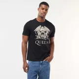 Camiseta negra de manga corta con cuello redondo y estampado frontal de la banda Queen en tonos claros.