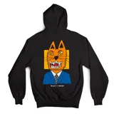 Campera negra con capucha, confeccionada en algodón, con estampa en la espalda que muestra un personaje con cabeza de tigre, traje azul y corbata.