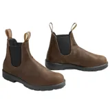 Botas Chelsea Blundstone 1609 de cuero marrón envejecido, con laterales elásticos negros y tiradores en la parte superior.