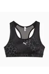 Top deportivo Puma modelo 4 Keeps de color negro, con diseño animal print sutil en tonos oscuros, espalda nadadora de malla y el logo de la marca estampado en blanco en el centro del frente.