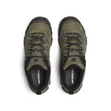 Championes de trekking Merrell Moab 3, color verde militar, confeccionados con parte superior de piel de ante de cerdo y malla transpirable, con suela Vibram y refuerzos de goma.
