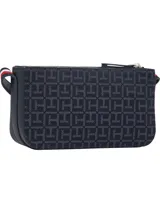 Cartera tipo bandolera de Tommy Hilfiger, confeccionada en poliuretano con patrón jacquard de monogramas en tonos azul marino. Presenta cierre superior con cremallera y detalles distintivos de la marca en los laterales.