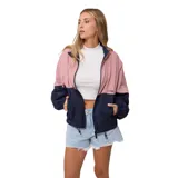 Campera deportiva Rusty Wander, color rosa y azul marino, con cierre frontal, bolsillos laterales y cordón ajustable en la cintura.