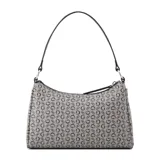 Cartera tipo baguette Guess modelo Jillian, con estampado de monograma de la marca en tonos gris y negro. Presenta cierre superior, herrajes plateados, logo triangular metálico en el frente y correa ajustable de cuero sintético negro.