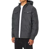 Campera acolchada con capucha, color negro, con cierre frontal, bolsillos superiores con solapa y botones a presión, y diseño de costuras horizontales.