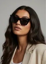 Lentes de sol negros con montura de estilo ojo de gato pronunciado y cristales oscuros.