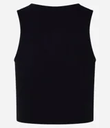 Top cropped sin mangas, color marrón oscuro, de corte ajustado al cuerpo y cuello redondo. Presenta textura acanalada.