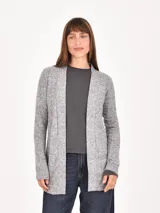 Saco abierto de tejido de punto, color gris melange, con diseño de corte recto y mangas largas.