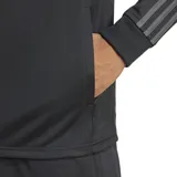 Conjunto deportivo Adidas Sereno Cut 3 Rayas, color gris oscuro, compuesto por campera con cierre y pantalón largo. La campera tiene cuello alto, cierre frontal completo, bolsillos laterales con cierre y las tres rayas características de Adidas en las mangas. El pantalón tiene cintura elástica con cordón ajustable, bolsillos laterales y las tres rayas en los laterales.