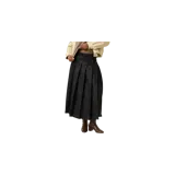 Pollera midi de denim crudo oscuro, con diseño plisado y cierre lateral con botones.