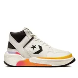 Championes Converse Weapon CX, color blanco con detalles en negro, amarillo, naranja y violeta. Diseño de caña alta con bloques de colores y suela gruesa.