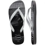 Chancletas Havaianas Top Athletic con estampado gráfico de surf, palmeras y la leyenda "SURF ALL DAY" en tonos grises y negros, con tiras blancas.