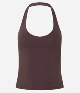 Blusa negra de punto roma, con diseño de cuello halter y espalda descubierta.