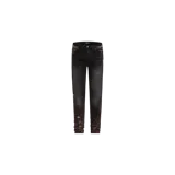 Jeans ajustados de corte skinny en color negro envejecido, con efecto deslavado y salpicaduras de pintura multicolor en la parte inferior de las piernas.