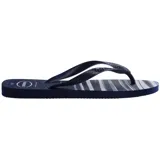 Ojotas Havaianas Top Basic con base a rayas horizontales en blanco, gris y negro, y tiras negras.