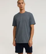 Conjunto de pijama masculino corto, compuesto por una remera de manga corta con cuello redondo y un short con cintura elástica y lazo. La remera presenta un estampado de rayas, mientras que el short es liso.