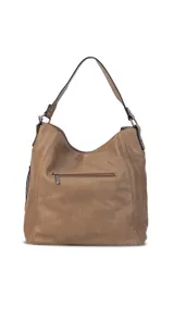 Cartera de hombro tipo hobo en color negro, confeccionada en material símil cuero con textura granulada. Presenta un diseño funcional con cierre principal, bolsillo frontal con cierre y detalles de tachas metálicas, además de una correa de hombro fija y una correa larga ajustable y extraíble.