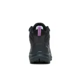 Bota de trekking Merrell modelo Speed Strike 2 Mid, de diseño atlético e impermeable. Presenta una combinación de malla y cuero sintético en color negro con detalles en violeta. Cuenta con suela de goma de alta tracción, cuello acolchado y cierre mediante cordones.