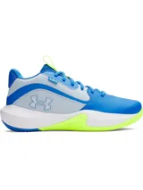 Championes de básquetbol Under Armour modelo Lockdown 7, con diseño en tonos azul, gris y detalles en verde lima. Presentan parte superior de malla transpirable con superposiciones de cuero sintético, entresuela de EVA para mayor amortiguación y suela de caucho con patrón de tracción en espiga.