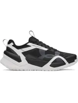 Championes de entrenamiento Under Armour Reign XT para mujer, con diseño en color negro y blanco. Presentan una parte superior de malla ligera con estructura de TPU para mayor sujeción, entresuela UA HOVR de doble densidad para amortiguación y tecnología UA TriBase para maximizar el contacto con el suelo y mejorar la estabilidad.
