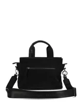 Cartera tipo bolso de mano Hush Puppies color negro, con diseño estructurado, doble asa superior con logo grabado y correa ajustable extraíble. Presenta el nombre de la marca en relieve en el frente y un detalle de nudo decorativo en uno de los laterales.