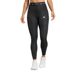 Calzas deportivas Adidas Techfit 7/8 de compresión, color negro con cintura elástica blanca con logo Techfit repetido y logo de Adidas estampado en blanco en la pierna izquierda.