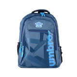 Mochila Umbro modelo Orbum, color azul con textura jaspeada. Presenta un diseño con estampa geométrica y el logo de la marca en la parte frontal, múltiples compartimentos con cierre y tiradores personalizados.