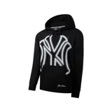 Canguro negro con capucha y cordones ajustables, bolsillo tipo canguro y puños acanalados. Estampado frontal con el logo de los New York Yankees en blanco delineado con puntos.