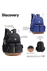 Mochila negra con base marrón, múltiples bolsillos frontales y laterales, tiras regulables y espalda acolchada.
