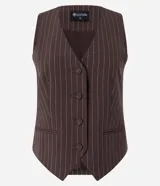 Chaleco entallado de mujer, color marrón oscuro con finas rayas verticales blancas (rayas de giz). Presenta escote en V, cierre frontal con botones forrados y bolsillos falsos.
