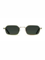 Lentes de sol con montura geométrica de acero inoxidable en color dorado y lentes polarizados en tono verde oliva. Presentan un diseño moderno con patillas de acetato.