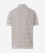 Camisa polo de punto para hombre, con diseño a rayas horizontales, cuello camisero, manga corta y cierre frontal parcial con botones.