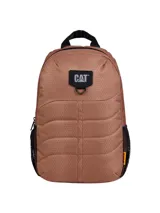 Mochila Caterpillar modelo Benson, color marrón con diseño texturizado. Cuenta con compartimento principal con cierre, bolsillo acolchado para portátil, bolsillos laterales de malla y logo de la marca en el frente.
