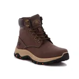 Bota acordonada marrón con suela de goma color caramelo y detalles en color naranja.