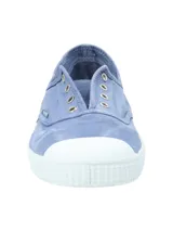 Zapatilla española ligera RKF modelo Greece, color azul, fabricada en algodón orgánico con puntera reforzada y suela de caucho natural.