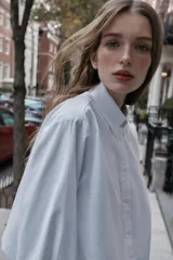 Camisa de popelín color blanco, con cuello solapa, manga larga y bajo abullonado con elástico interior. Cierre frontal con botones.