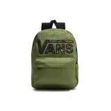 Mochila Vans Realm Flying de color verde militar, con un bolsillo frontal con cierre y el logo de la marca estampado con patrón de camuflaje.