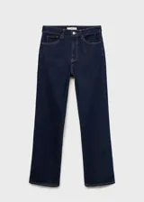 Pantalón de jean de corte recto y tiro medio, en color azul oscuro con costuras en contraste. Presenta diseño clásico de cinco bolsillos, cierre frontal con cremallera y botón, y trabillas para cinturón.