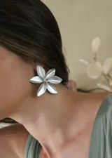 Par de aros plateados con forma de flor de cinco pétalos y centro con incrustaciones de strass.