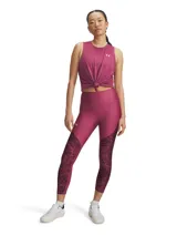 Calza capri Under Armour Tech para mujer, color borgoña con paneles laterales estampados.
