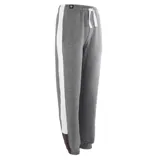 Pantalón de jogging gris con una franja blanca vertical a lo largo de la pierna y puños ajustados.